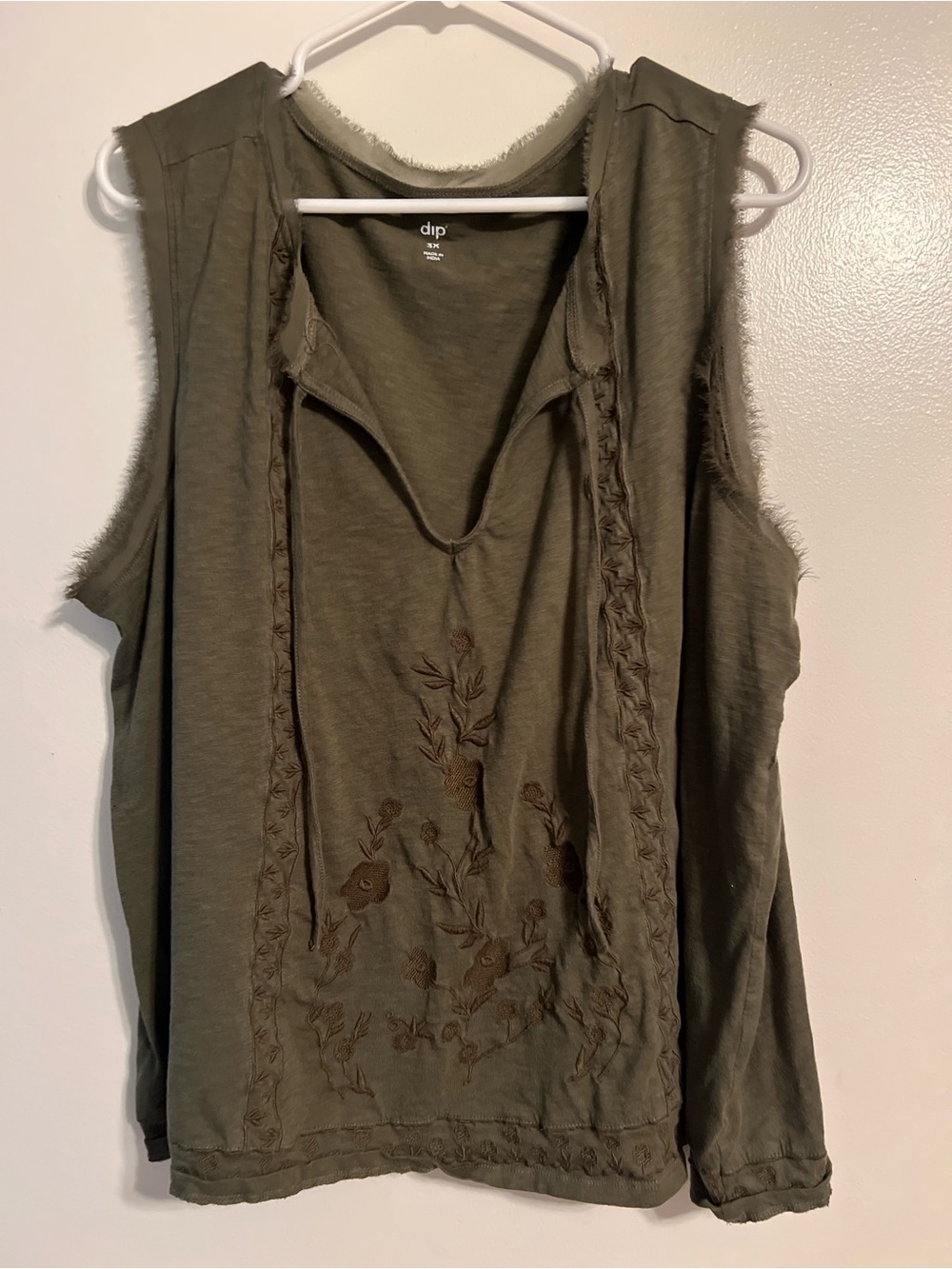 dip Olive Green Embroidered Sleeveless Tank
